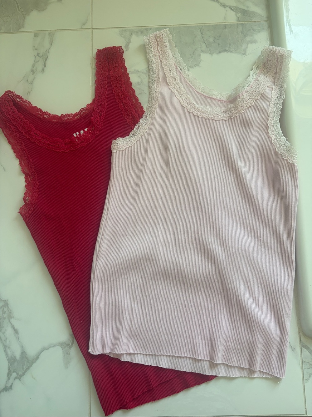Harlow Lace-Trim Ribbed Tank Tops in Red and Light Pink